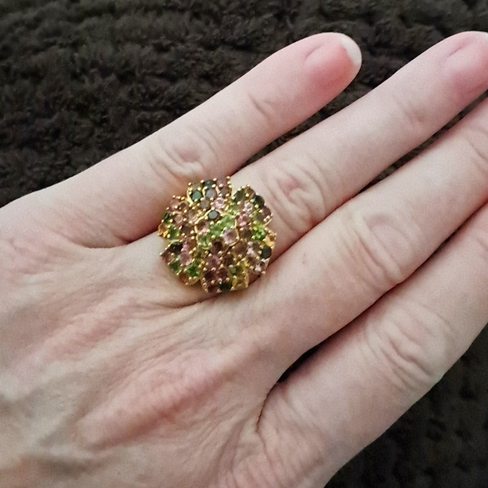 Multi-Tourmaline Floral Ring In 14k YG Vermeil Over 925 Sterling Silver - Picture 3 of 9